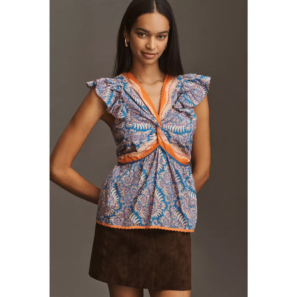 nwt ANTHROPOLOGIE x FARM RIO sz XL Flutter Sleeve V-Neck Top